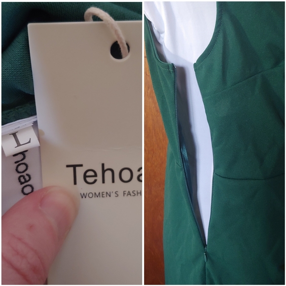 NWT Tehoao Green V Ruched Sleeveless Wrap Cocktail Bodycon Mini Midi Dress L - Picture 12 of 15